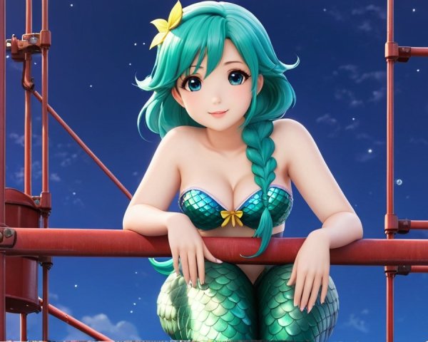 Vibrant Animated Mermaid Against Night Sky Background