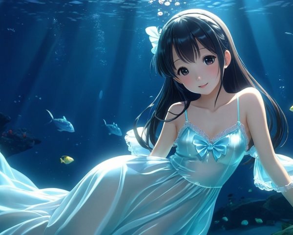 Underwater Scene with Girl in Blue Dress and Fish