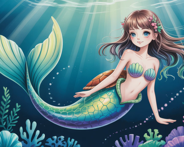 Cute Mermaid Floating Among Colorful Coral Reefs