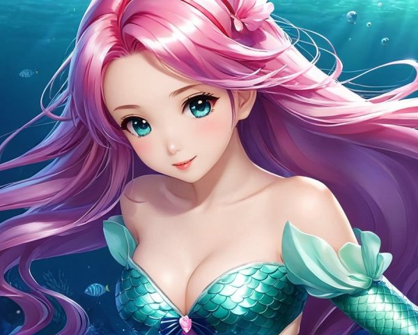 Whimsical Underwater Scene with Mermaid and Coral