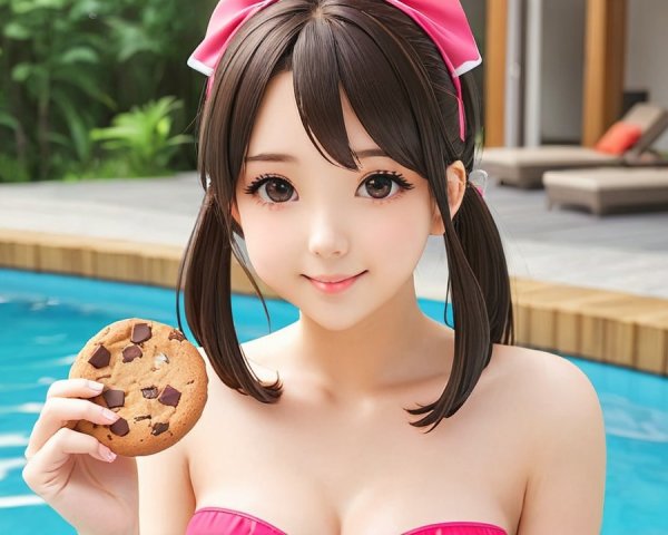 Cheerful woman in pink bikini by swimming pool