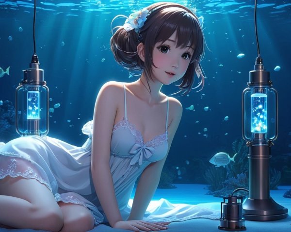 Young Woman in White Dress on Ocean Floor with Lanterns