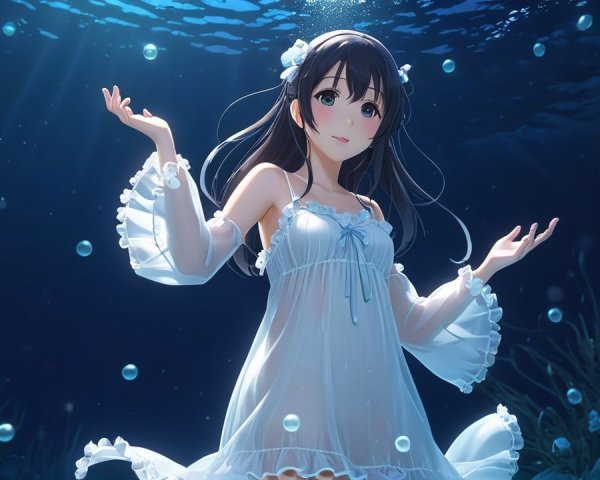 Girl with Dark Hair in Ethereal Underwater Scene
