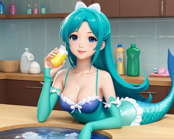 Vibrant Animated Mermaid in Bright Kitchen Setting