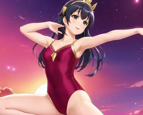 Young Woman in Red Swimsuit at Vibrant Sunset
