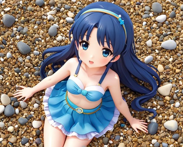 Young girl in blue bikini on pebble beach scene