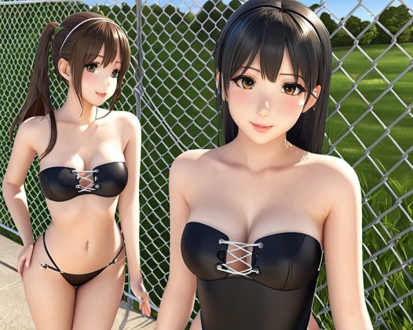 Stylized Female Characters in Black Swimwear Against Green