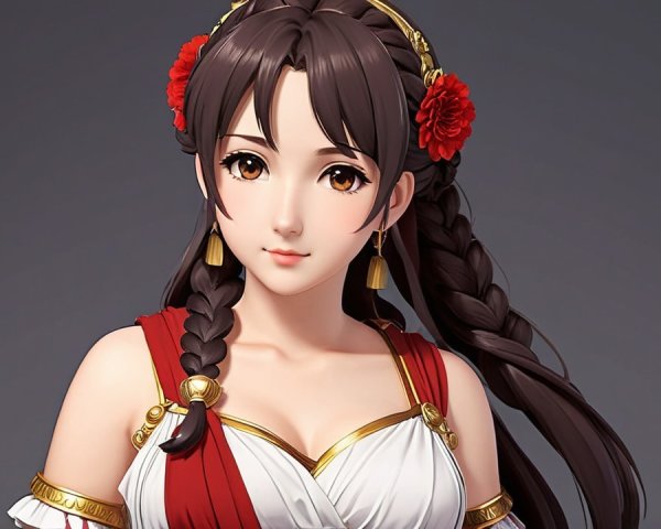 Young Woman in Elegant White Dress with Braids and Flowers