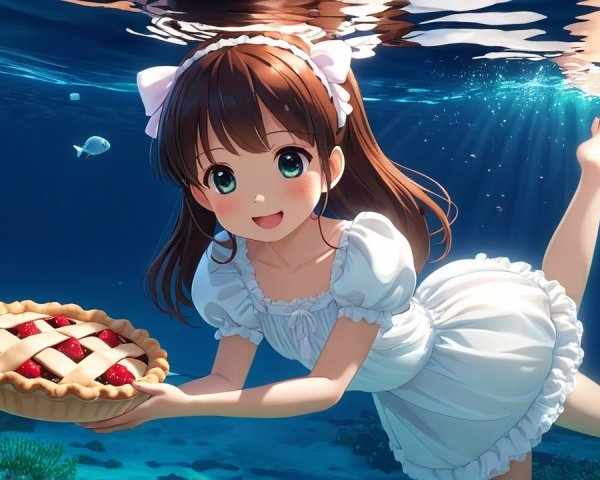 Young girl in white dress swimming with cherry pie underwater