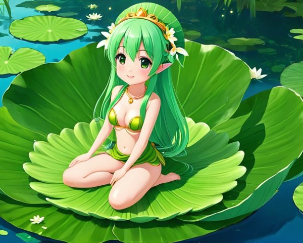 Anime Character on Lily Pad in Serene Water Setting
