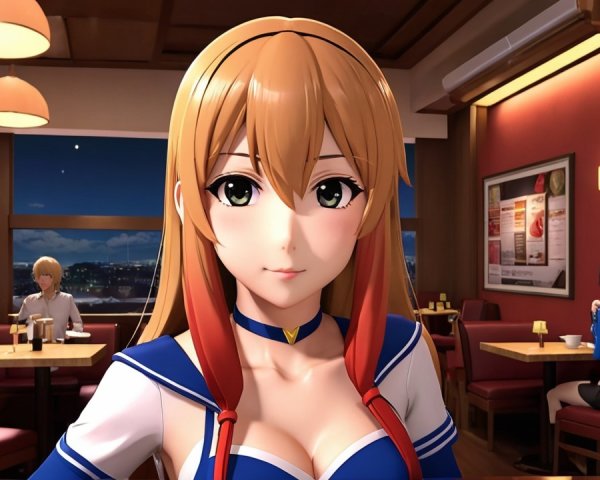 Anime Character in Cozy Restaurant Setting with City Lights
