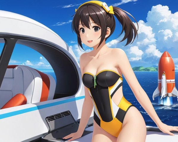 Young woman in sporty swimsuit by boat with rocket launch