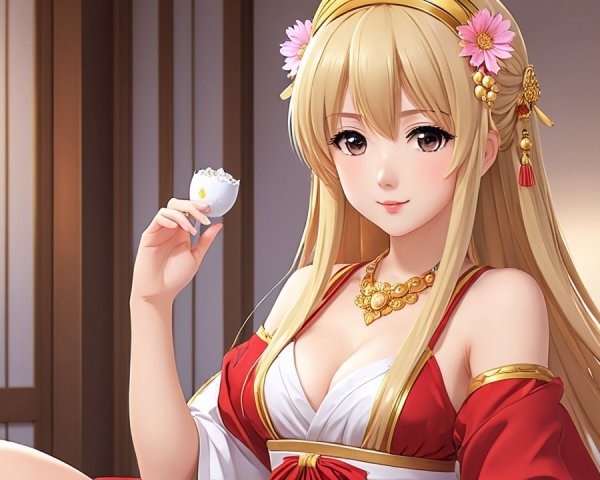 Animated character with blonde hair and floral decor
