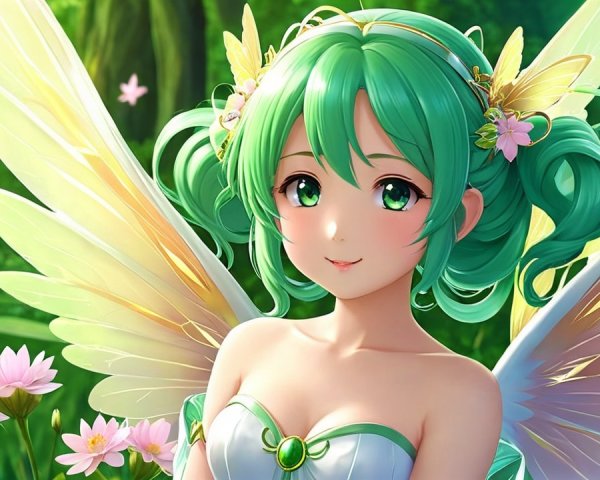 Anime-style fairy with green hair and butterfly wings