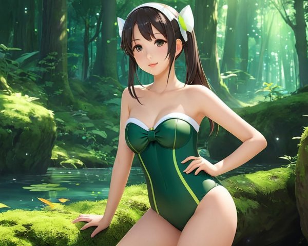 Young Woman in Green Swimsuit in Forest Setting