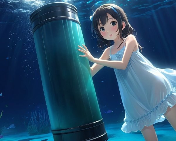 Young girl in white dress explores vibrant underwater scene
