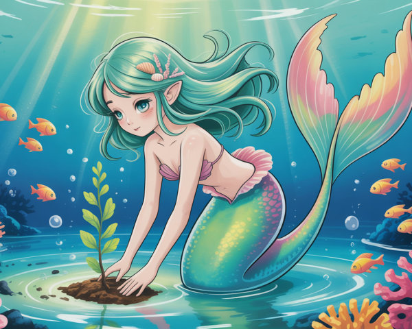 Anime Style Mermaid Planting Tree in Underwater Scene