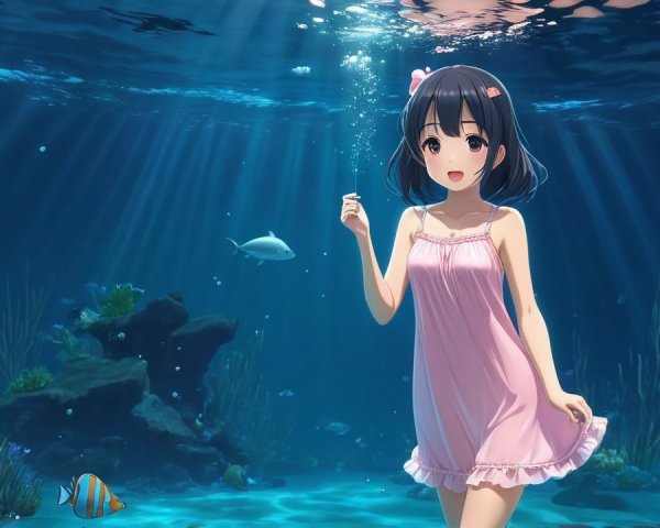 Young girl in pink dress underwater with fish and light