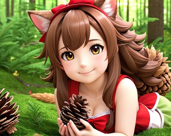 Cheerful anime girl with cat ears in forest setting