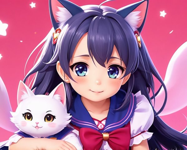 Cheerful anime girl with cat ears in sailor outfit
