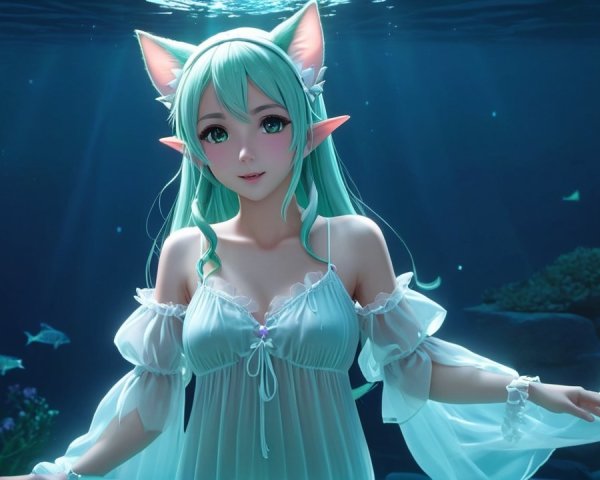 Underwater Scene with Ethereal Character and Aquatic Life
