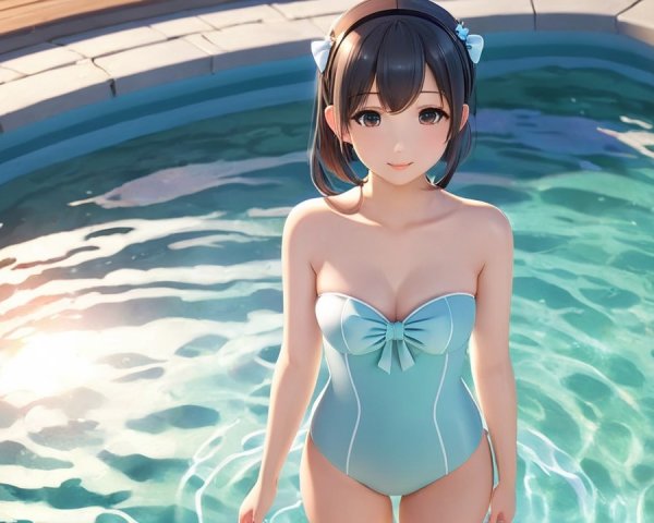 Young woman in blue swimsuit by shimmering pool