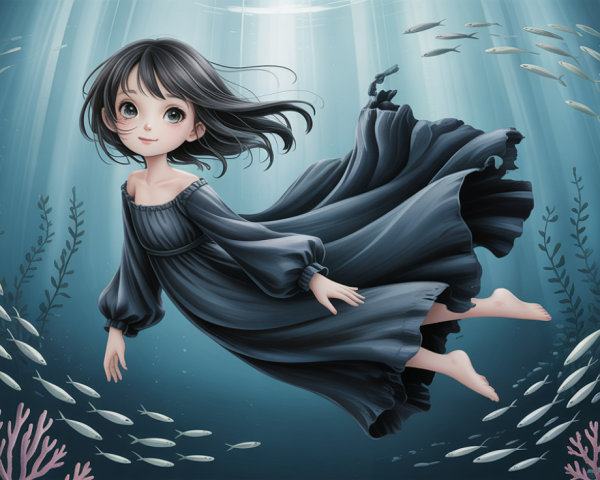 Anime Illustration of Girl Floating Underwater