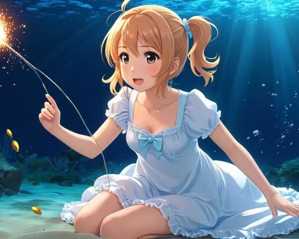 Young girl in white dress with sparkler underwater