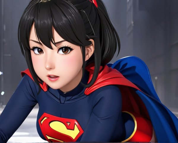 Young Female Superhero in Blue and Red Costume