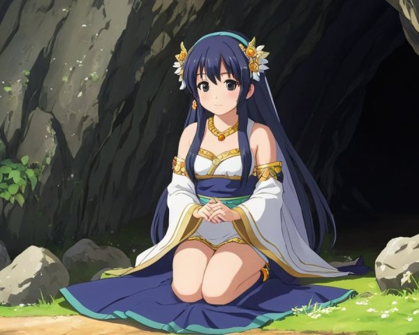 Young girl with flowers near cave in lush setting