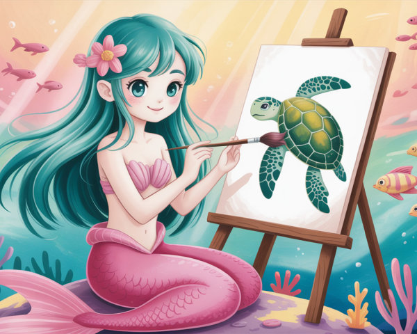 Colorful Underwater Illustration of a Mermaid Painting