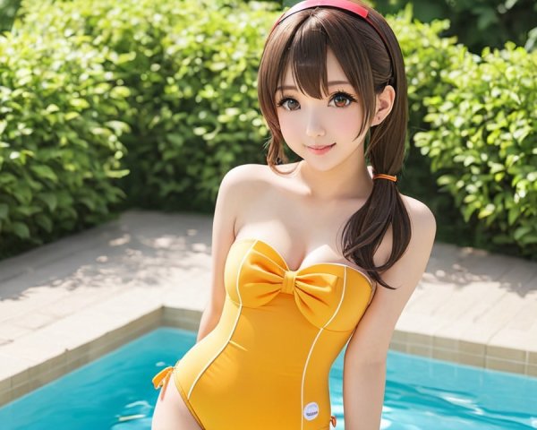 Young Woman in Yellow Swimsuit by Poolside