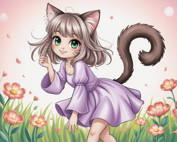 Anime-style illustration of a female cat girl in a field