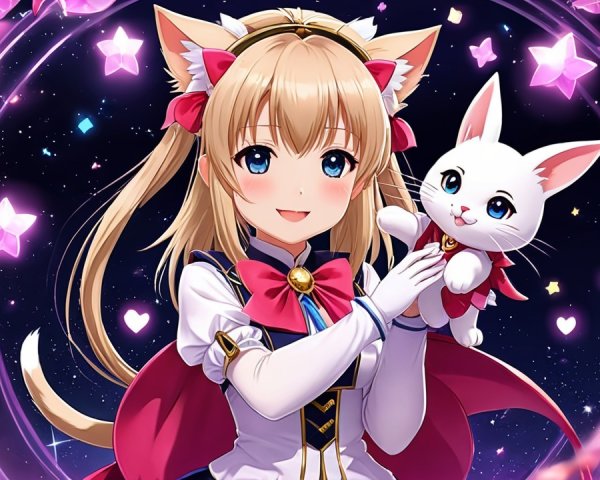 Cheerful anime character with cat ears and plushie