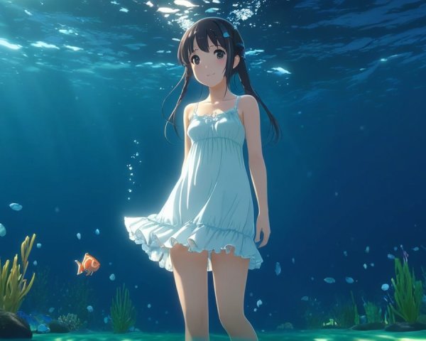 Underwater Scene with Girl, Coral, and Colorful Fish