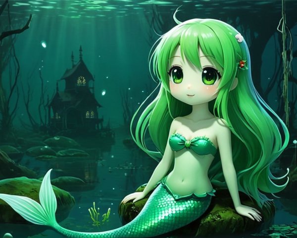 Whimsical Underwater Scene with Anime Mermaid and House
