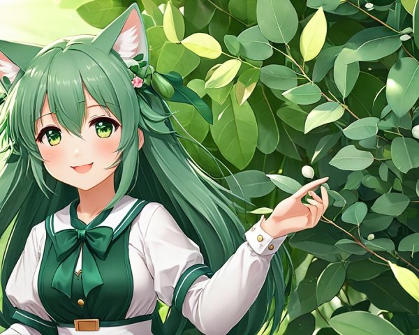 Cheerful anime girl with green hair in foliage setting