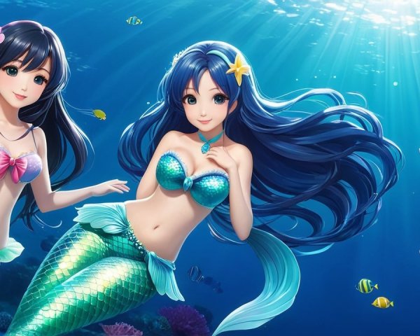 Mermaids Swimming Among Colorful Fish in Ocean Depths