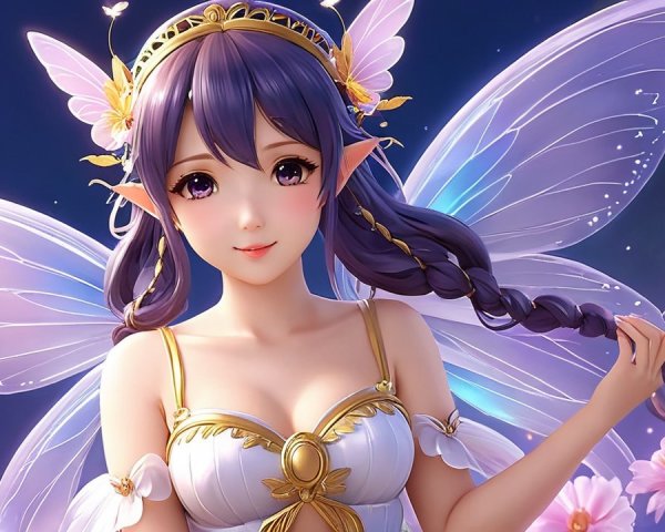 Fairy Figure with Shimmering Wings in Blooming Flowers