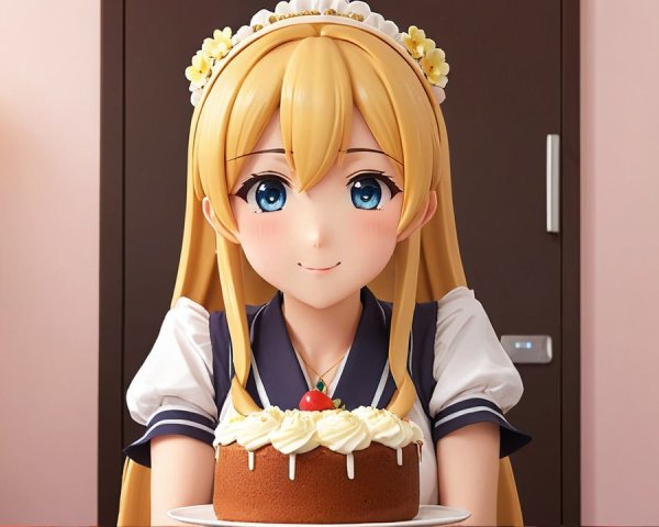 Cheerful Anime Character with Cake in Cozy Room