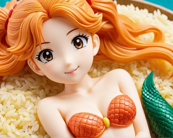 Colorful Mermaid Figure in Rice Bed Fantasy Scene