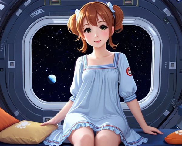 Young girl in pigtails inside a futuristic spacecraft