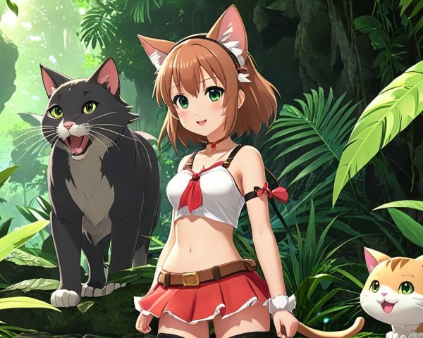 Cheerful girl with cat ears in tropical jungle scene