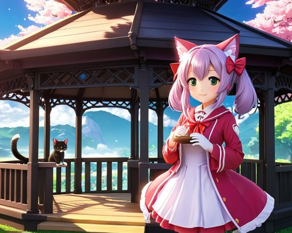 Anime girl with pink hair in cherry blossom gazebo