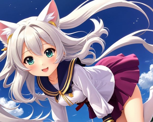 Cheerful anime character with silver hair and cat ears