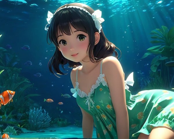 Anime girl in underwater paradise with colorful fish