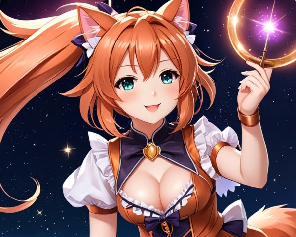 Cheerful character with orange hair and magical staff