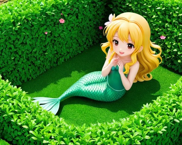 Animated Mermaid in a Lush Green Garden Setting
