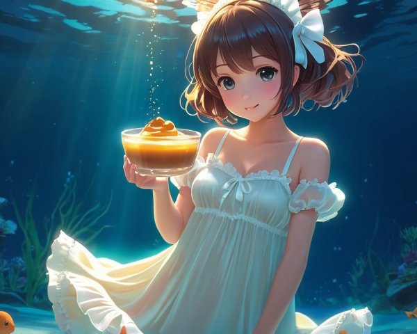 Underwater Scene of a Girl in White Dress with Fish