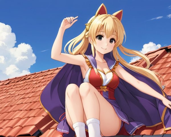 Cheerful girl with cat ears on a red-tiled roof